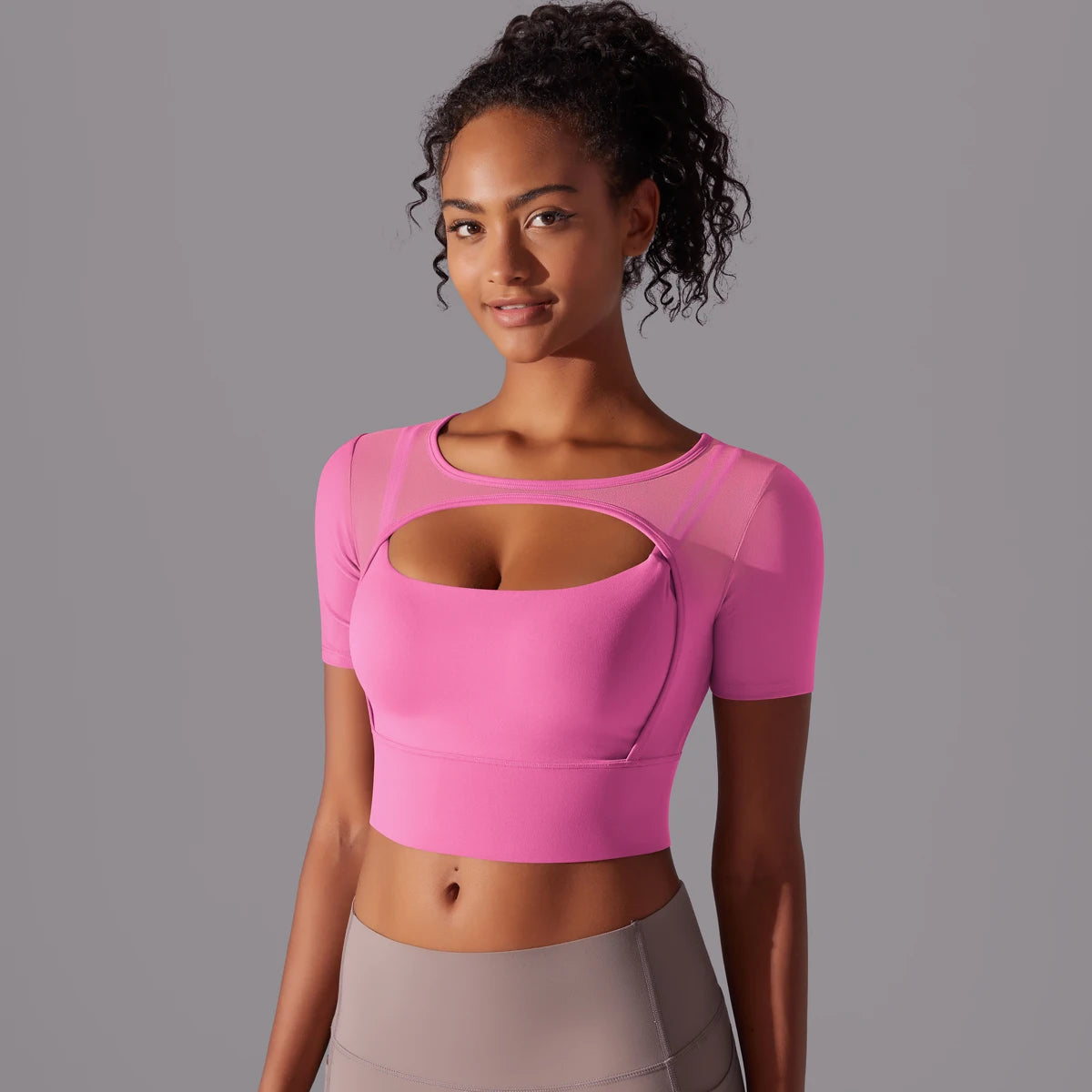 No. 6 Short Sleeve Shirt, 1PC, Peekaboo Neckline, Mesh Back and Chest Detail, Cropped Length