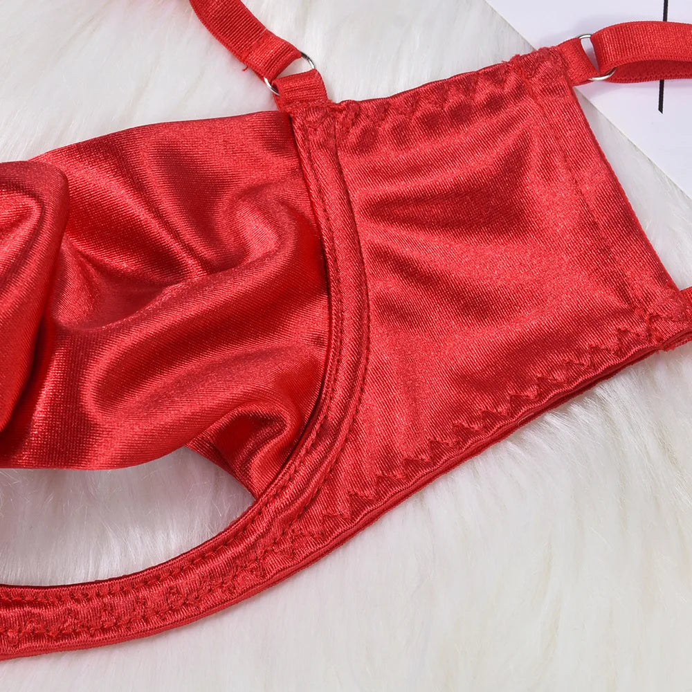 No. 2 Lingerie Set, 3 PC Gift Wrapped Bra With Hollow Cups, Caged Neckline, High Waist Thong, Garters