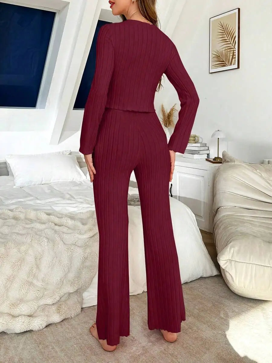 No. 8 Sleepwear Set, Long Sleeve, Ribbed, Lettuce Detailing, Matching Ribbed Flare Pant, Cozy