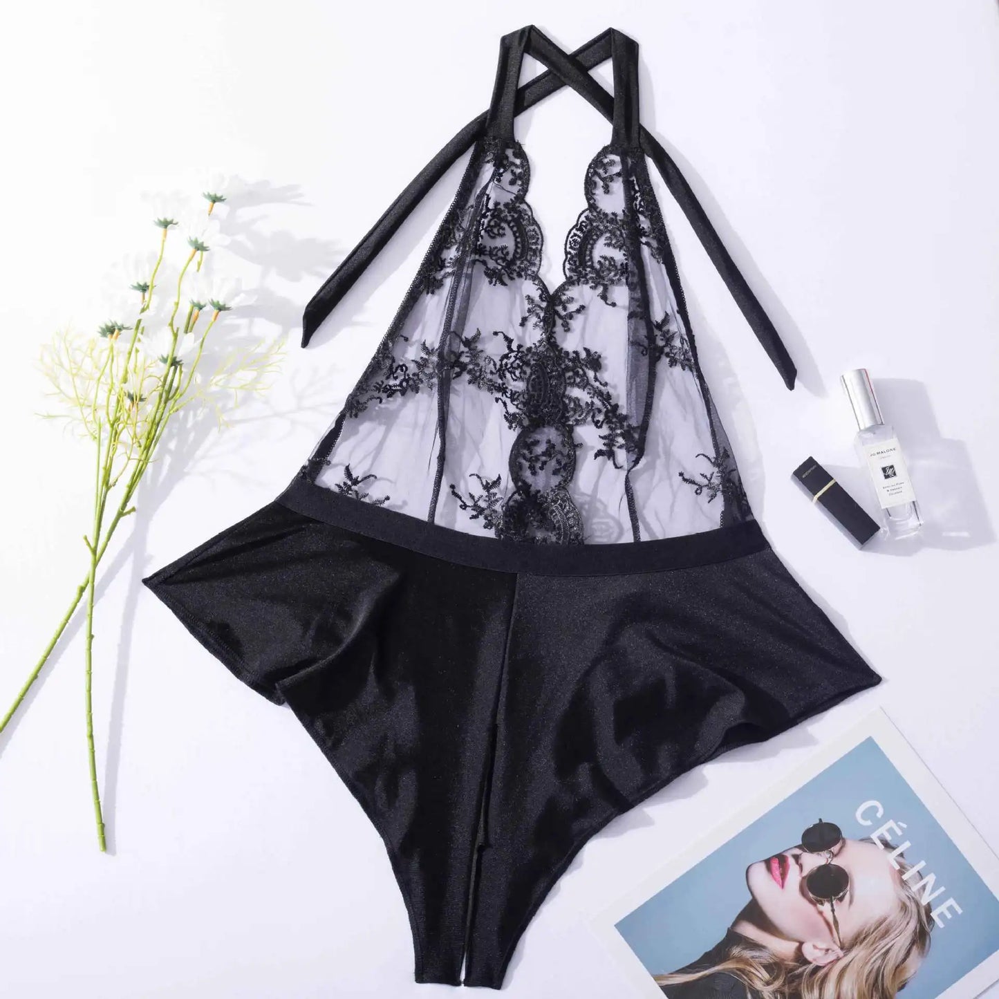 No. 6 Lingerie Set, Delicate Lace Halter with Tie, Attached French Cut Shorts with Key Hole Back