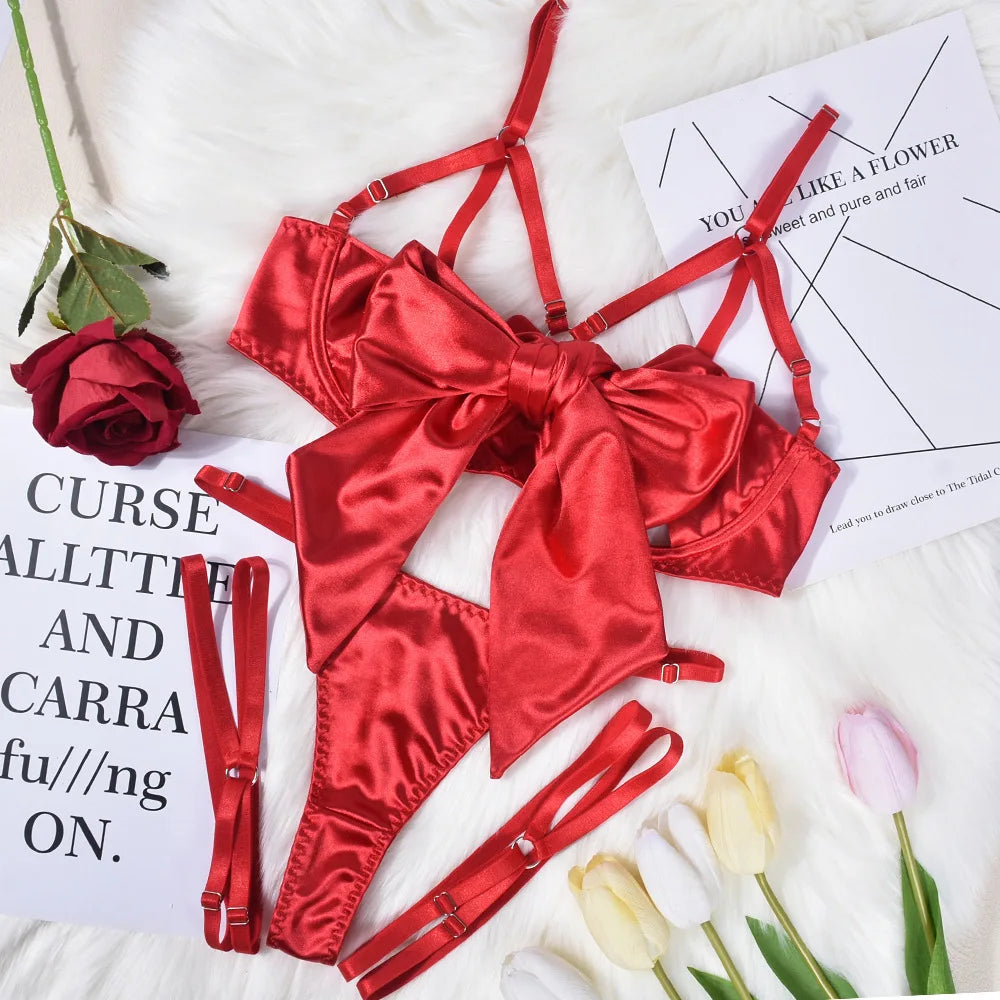 No. 2 Lingerie Set, 3 PC Gift Wrapped Bra With Hollow Cups, Caged Neckline, High Waist Thong, Garters
