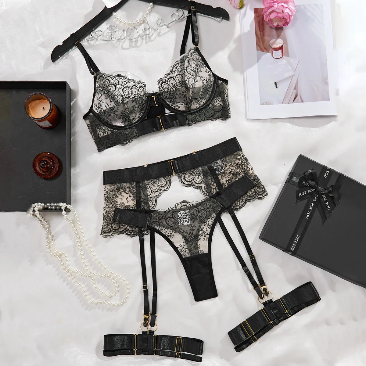 No. 1 Lingerie Set, 4 PC French Lace Scallop Bra, Thong, Garters With Belt