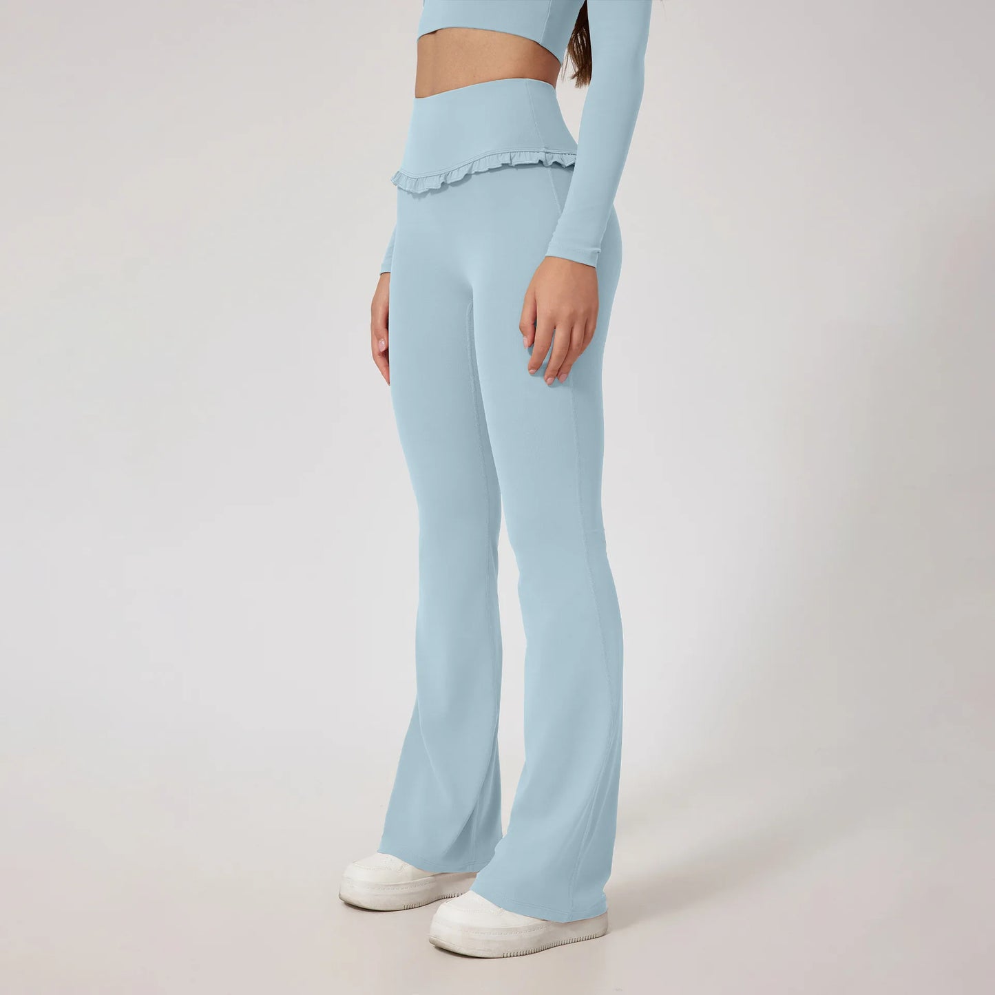 No. 8 Matching Set, Coquette, Ruffle Detailing Along Neckline And Waist, Long Sleeve, Crop Top, Square Neck