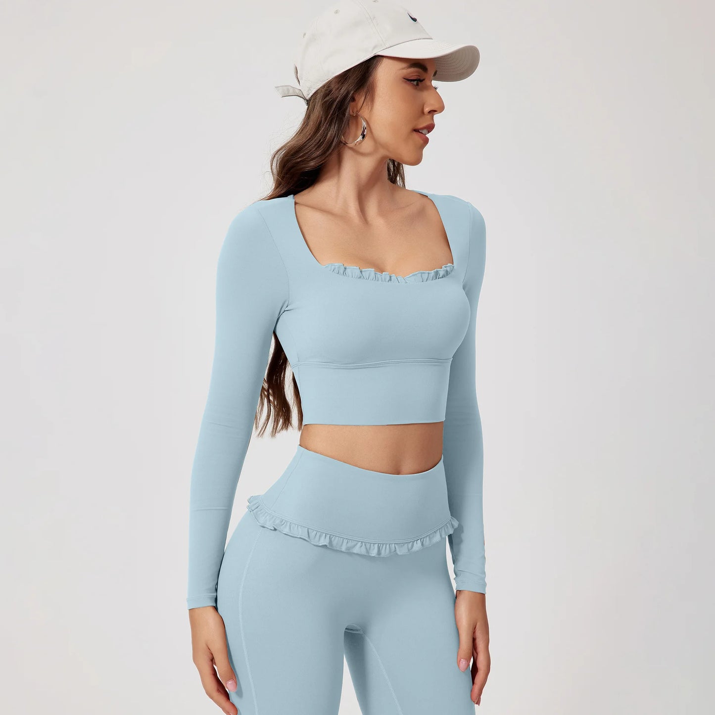 No. 8 Matching Set, Coquette, Ruffle Detailing Along Neckline And Waist, Long Sleeve, Crop Top, Square Neck
