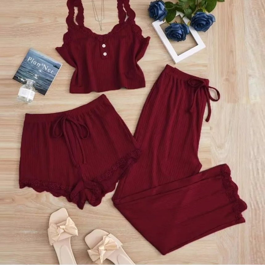 No. 5 Sleepwear Set, 3PC, Scalloped Neckline Tank Top, Ribbed Matching Shorty Short, Matching Scallop Hem Pant, Soft Essential