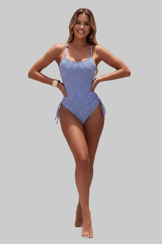 No. 7 Swimsuit, 2 PC Premium Micro-Ribbed Tankini Set, Scoop Neckline, Side Ruching, Tie Detailing, High Cut Panty, Moderate Coverage