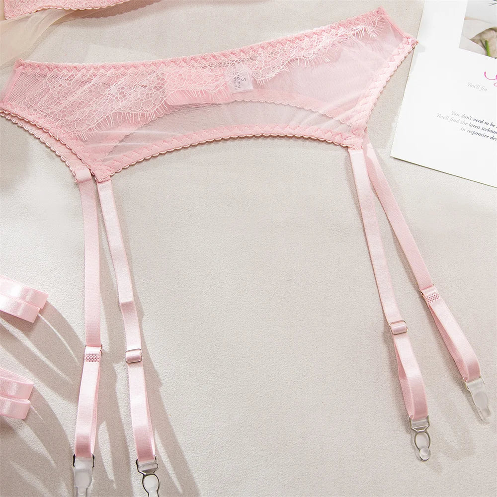 No. 8 Lingerie Set, 4 PC French Lace 3/4 Structured Cup Bra With Garter Belt, Garter, & Thong