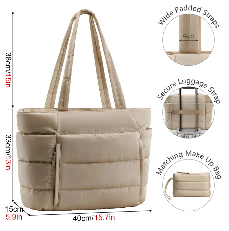 No. 4 Tote, Cloud Carry Quilted Tote, Soft Puffer-Style, Luggage Sleeve, Matching Pouch Included