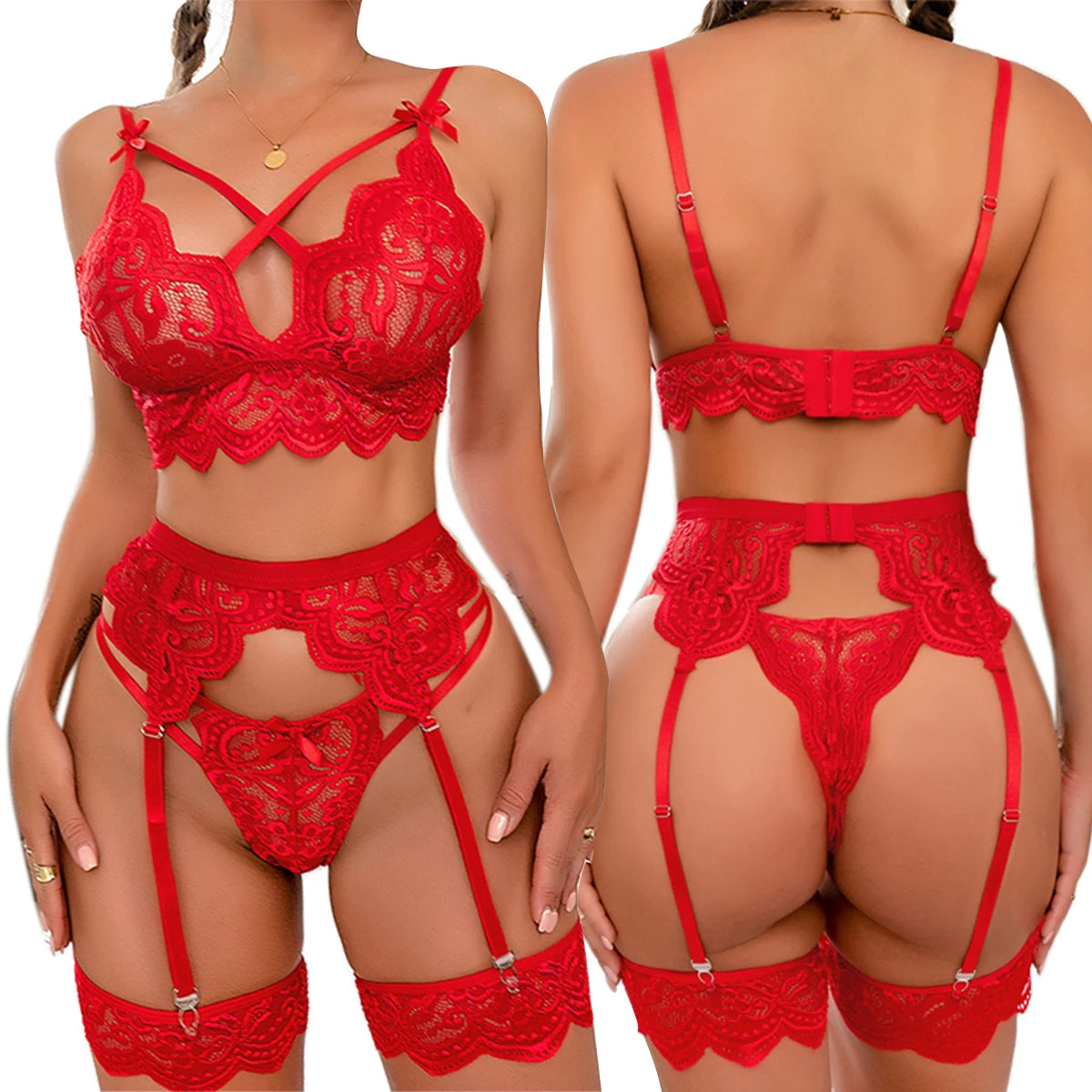 No. 3 Lingerie Set, 3 PC, Coquette, Elongated Scalloped Bodice, Garter, Panty, French Lace