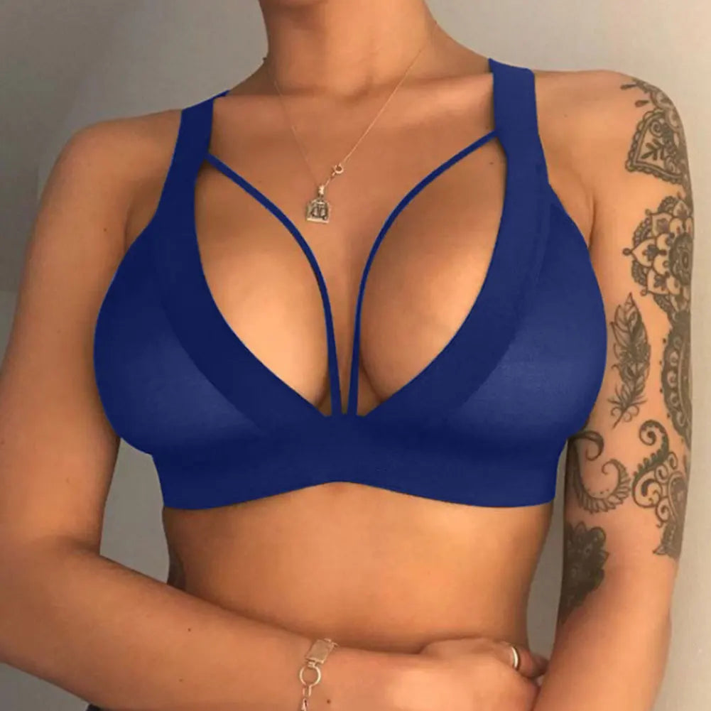 No. 6 Lingerie Bra, Seamless, Deep V Lace Bralette, Caged Neckline, No Underwire