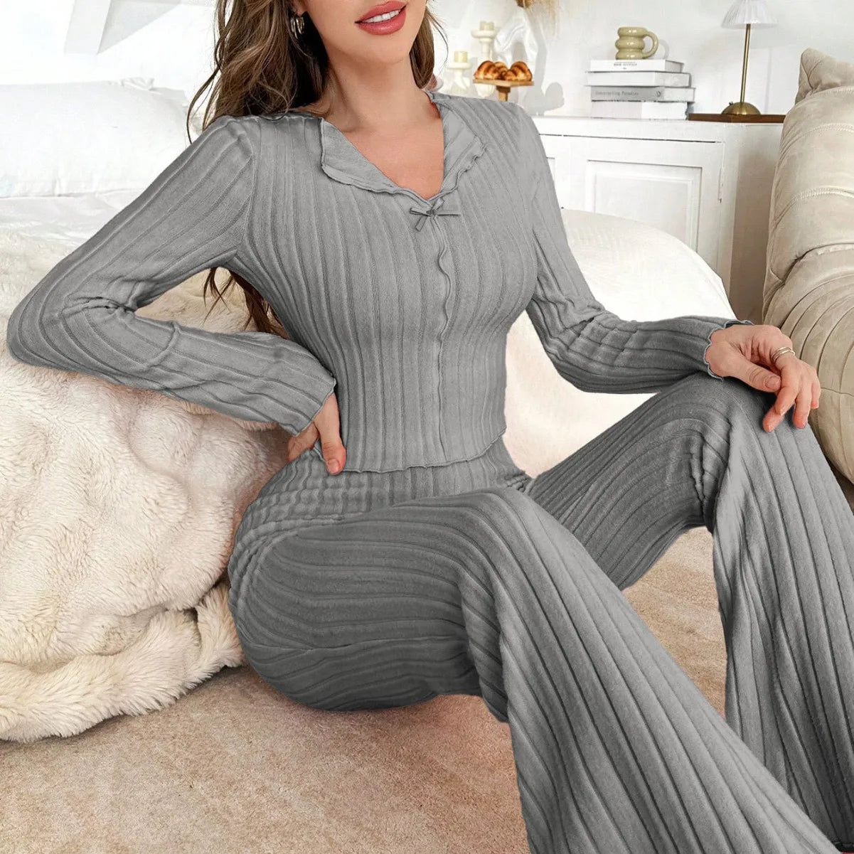 No. 8 Sleepwear Set, Long Sleeve, Ribbed, Lettuce Detailing, Matching Ribbed Flare Pant, Cozy