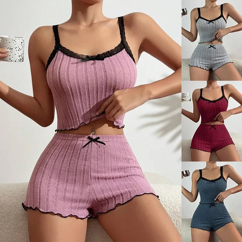 No. 6 Sleepwear Set, Ribbed, Knit, Lace Trim, Bow, Cami Crop Top, Lettuce Hem Shorts