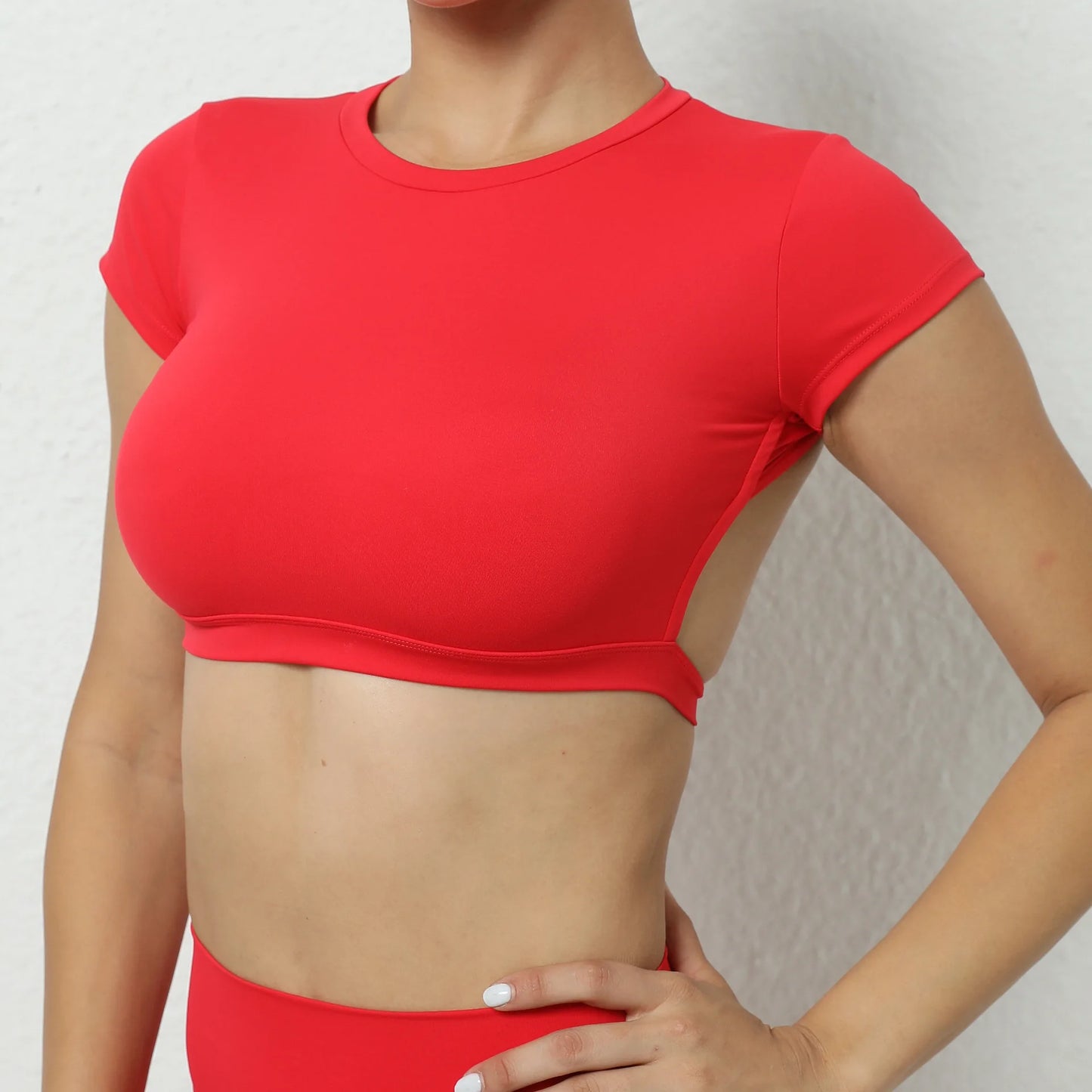 No. 5 Sports Bra, Backless Crop Top, Cupped Sleeves, Open Back, Faux Shirt