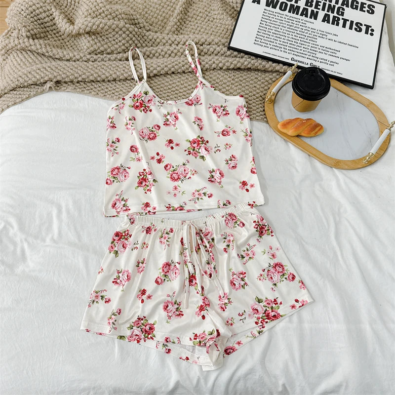 No. 3 Sleepwear Set, 2PC, Coquette Summer Print Sets, 4 Way Stretch Tank Top, Matching Short