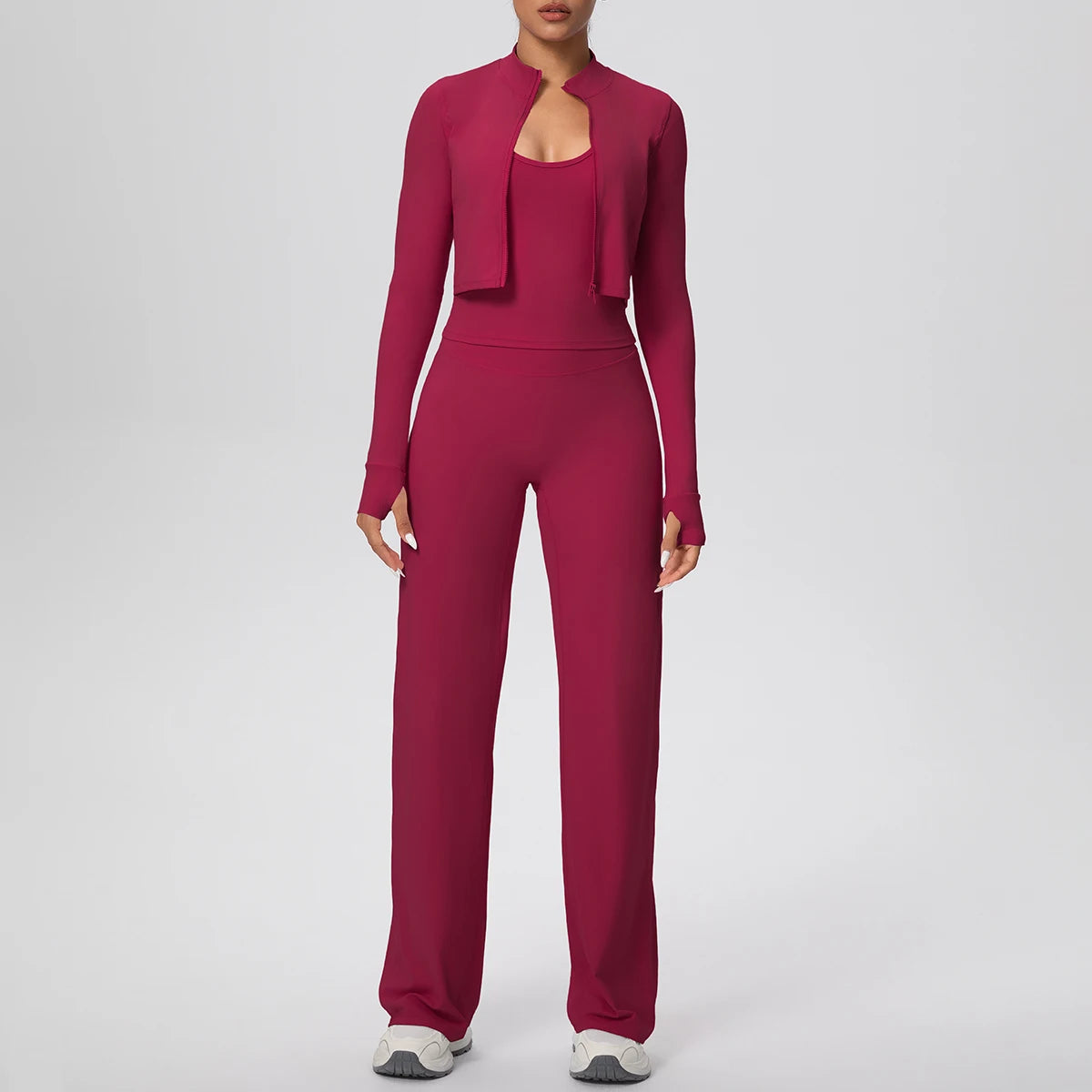 No. 1 Matching Set, 3 PC Full Zip Jacket, Halter Tank, and Wide Leg Pant