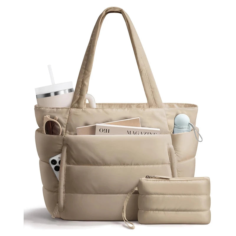 No. 4 Tote, Cloud Carry Quilted Tote, Soft Puffer-Style, Luggage Sleeve, Matching Pouch Included