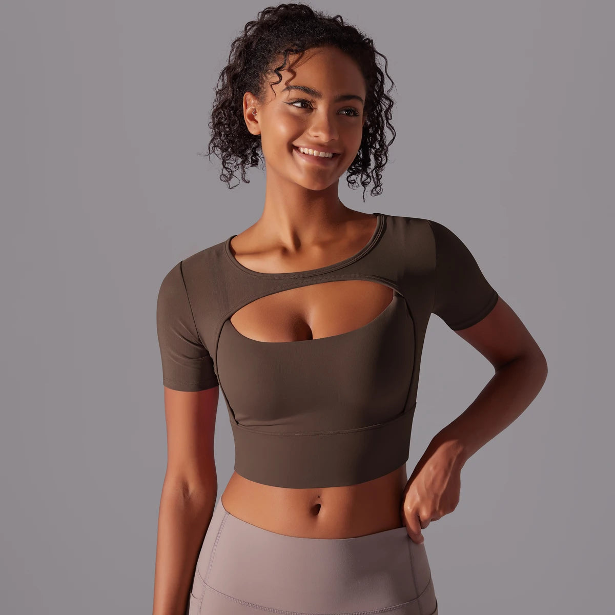 No. 6 Short Sleeve Shirt, 1PC, Peekaboo Neckline, Mesh Back and Chest Detail, Cropped Length