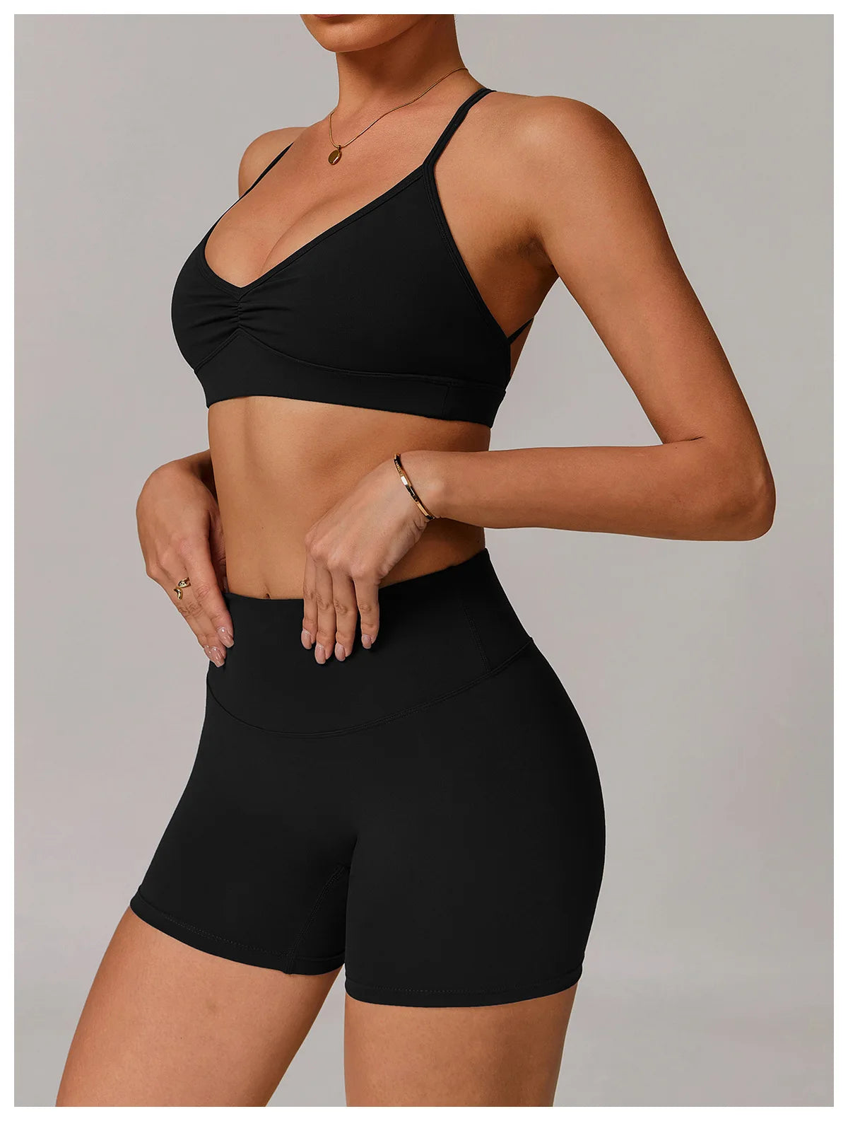 No. 2 Sports Bra, Plunging Neckline, Ruching Detailing, Halter Top, Open Back Design