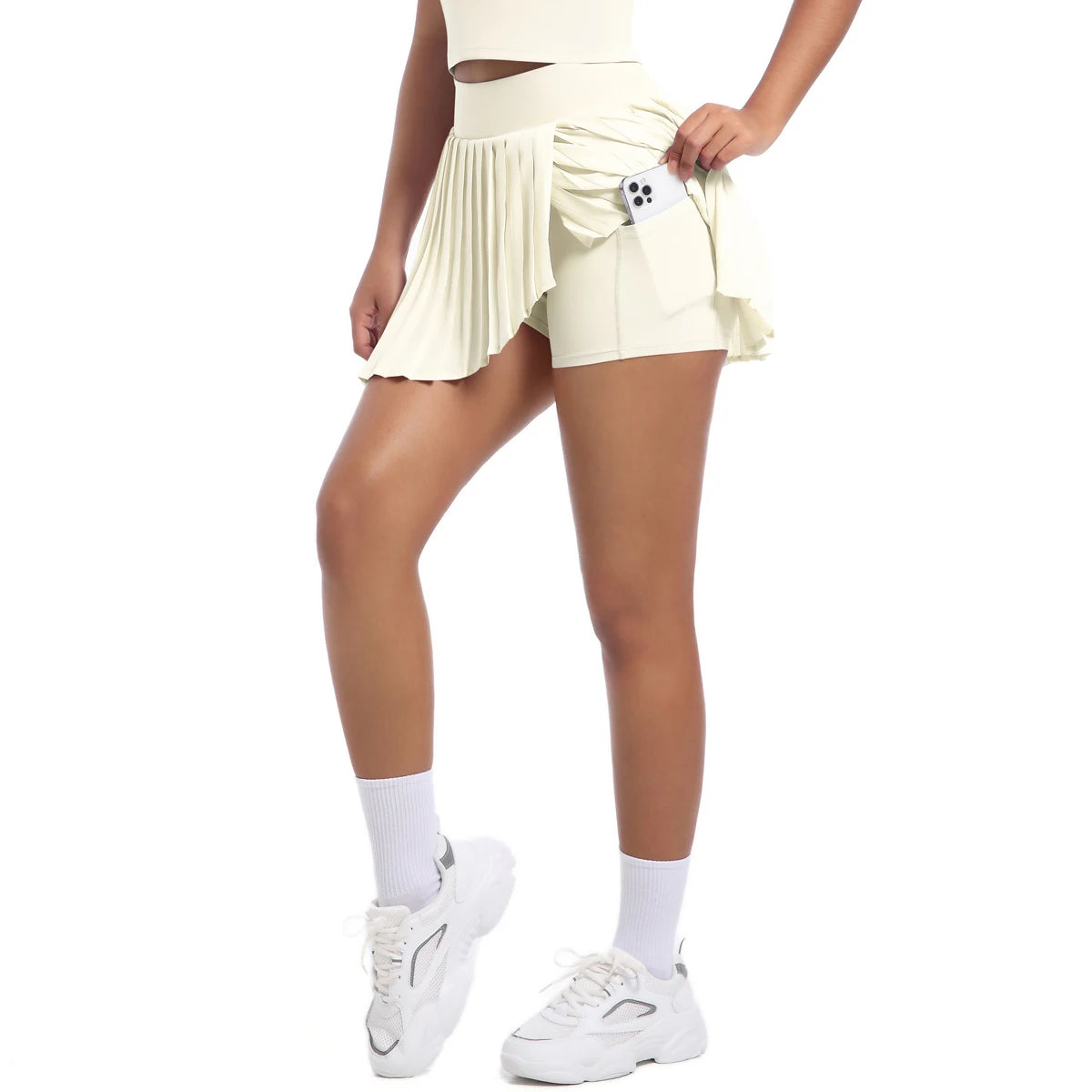 No. 8 Tennis Skirt, Double Layer, Asymmetrical, Pleated, Casual, High Waisted, Under Short