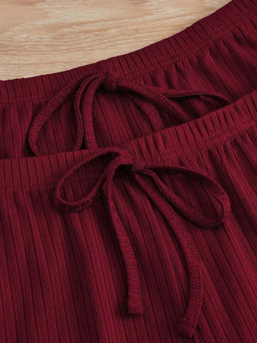 No. 5 Sleepwear Set, 3PC, Scalloped Neckline Tank Top, Ribbed Matching Shorty Short, Matching Scallop Hem Pant, Soft Essential