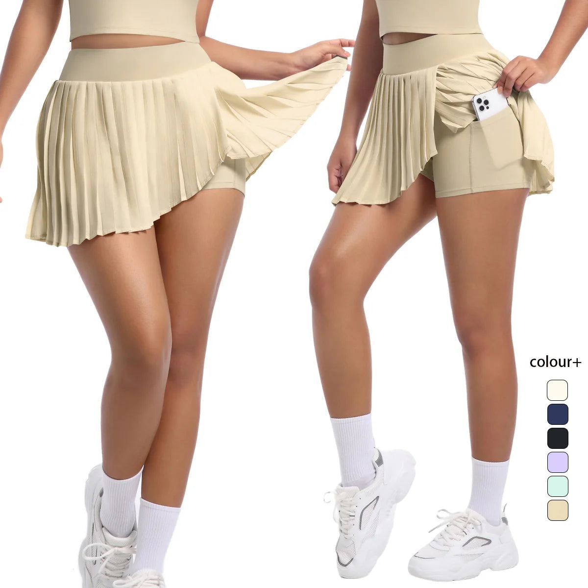 No. 8 Tennis Skirt, Double Layer, Asymmetrical, Pleated, Casual, High Waisted, Under Short