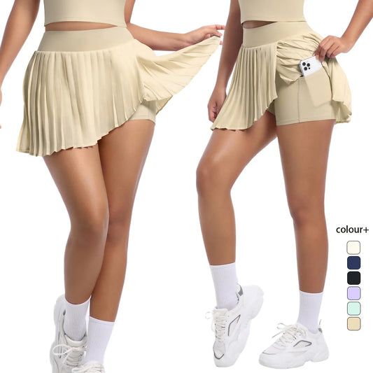 No. 8 Tennis Skirt, Double Layer, Asymmetrical, Pleated, Casual, High Waisted, Under Short