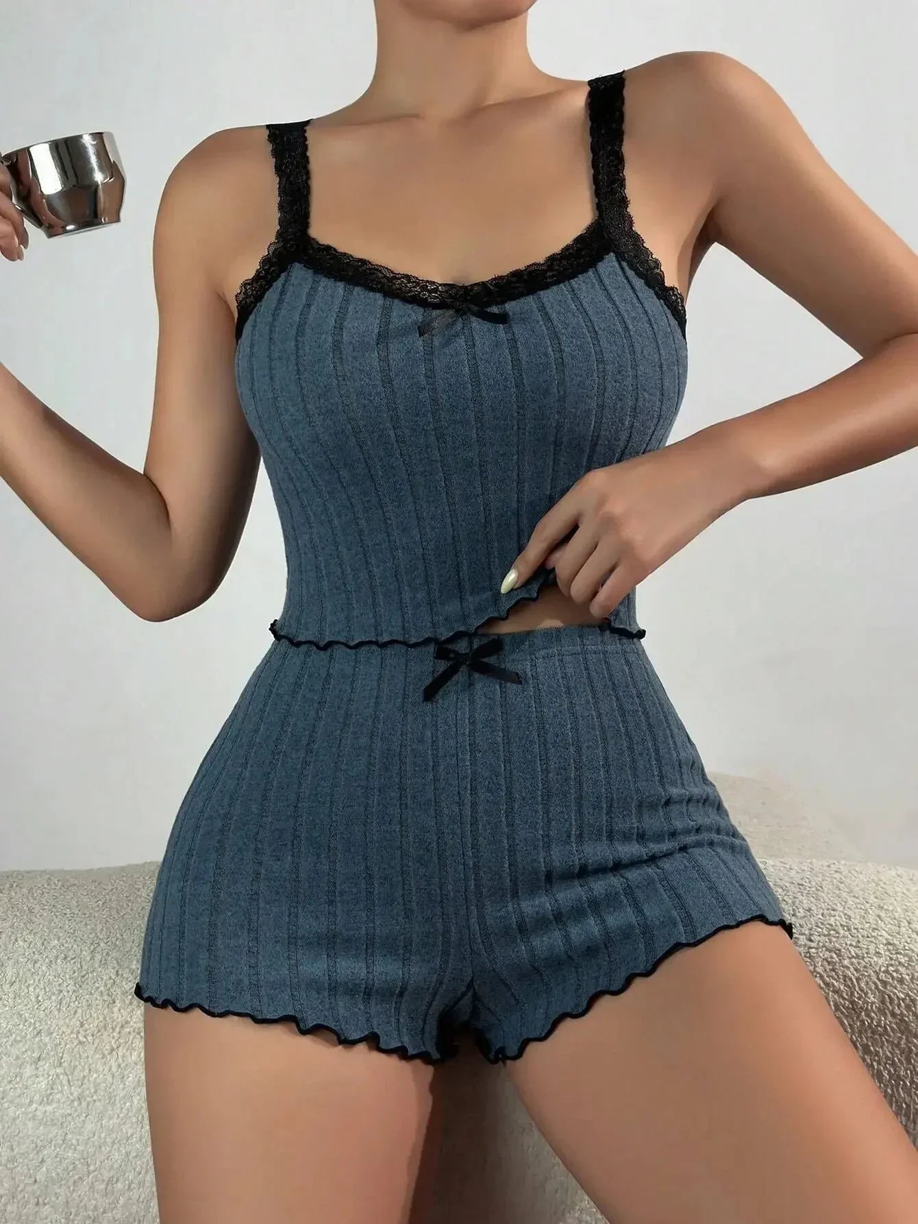 No. 6 Sleepwear Set, Ribbed, Knit, Lace Trim, Bow, Cami Crop Top, Lettuce Hem Shorts