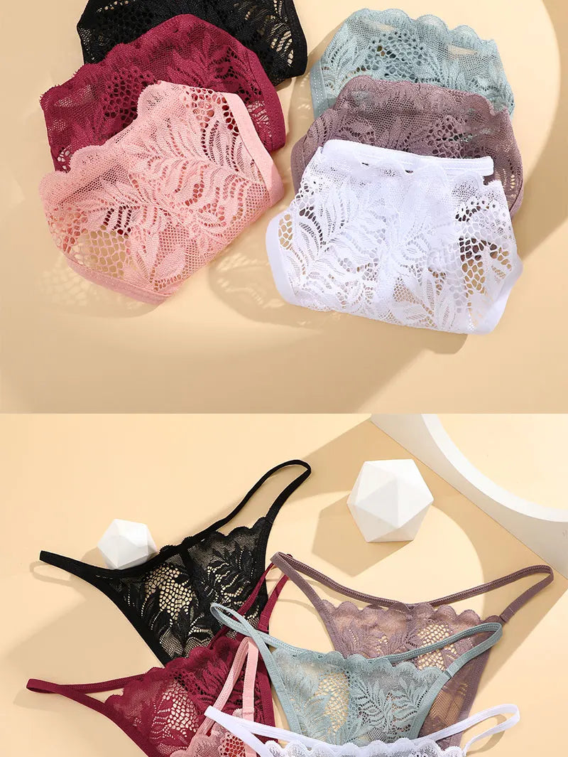 No. 4 Lingerie Panty, 6 PC Thong Set, Low Rise, Bikini Cut, Lace Front, G-String