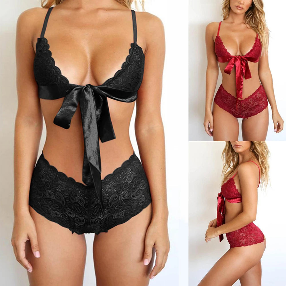 No. 7 Lingerie Set, 2 PC Scalloped Lace Bra With Reversible Silk Bow, Full Coverage Lace Boy Short