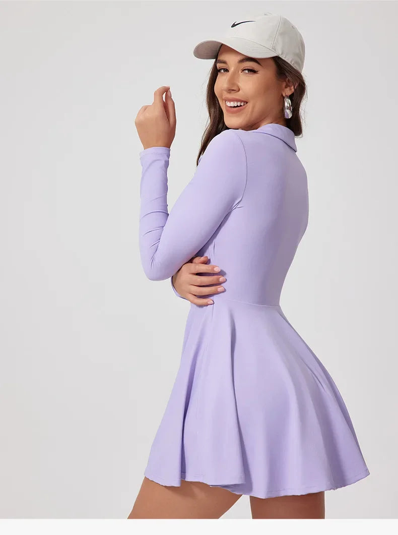 No. 5 Dress, Collared, V-Neck, Long Sleeve, Free Flowing Skirt With Shorts, Golf, Tennis