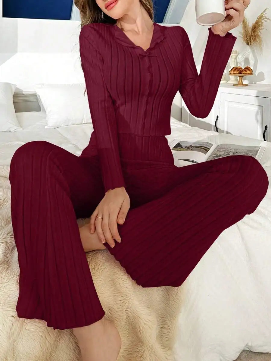 No. 8 Sleepwear Set, Long Sleeve, Ribbed, Lettuce Detailing, Matching Ribbed Flare Pant, Cozy