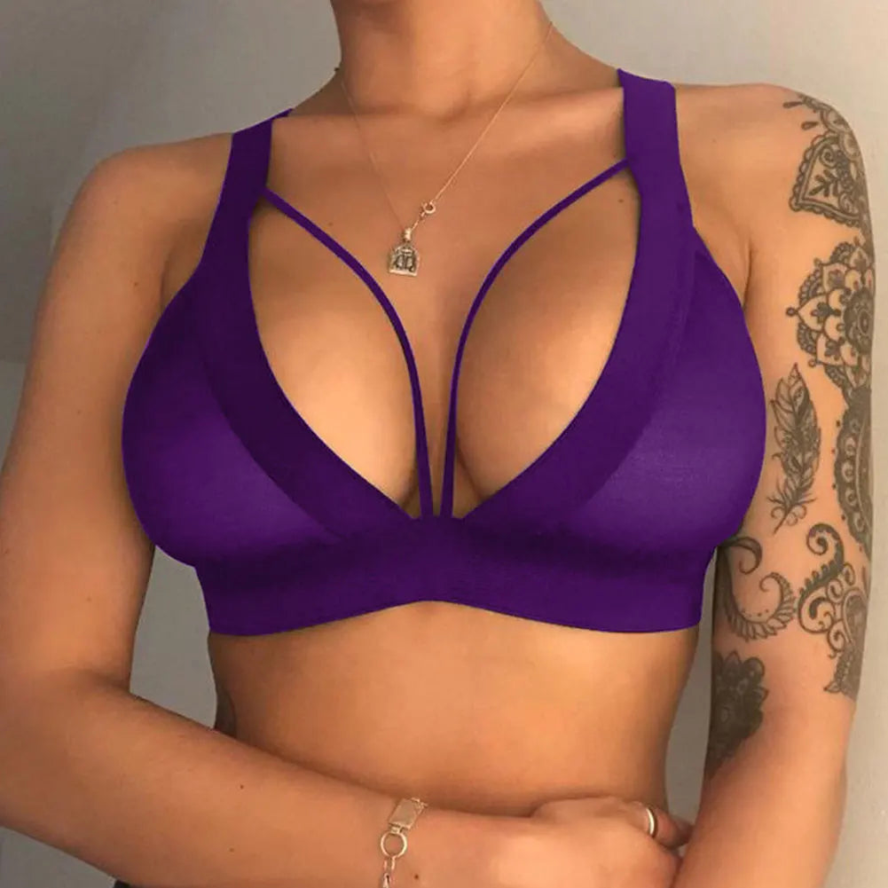 No. 6 Lingerie Bra, Seamless, Deep V Lace Bralette, Caged Neckline, No Underwire