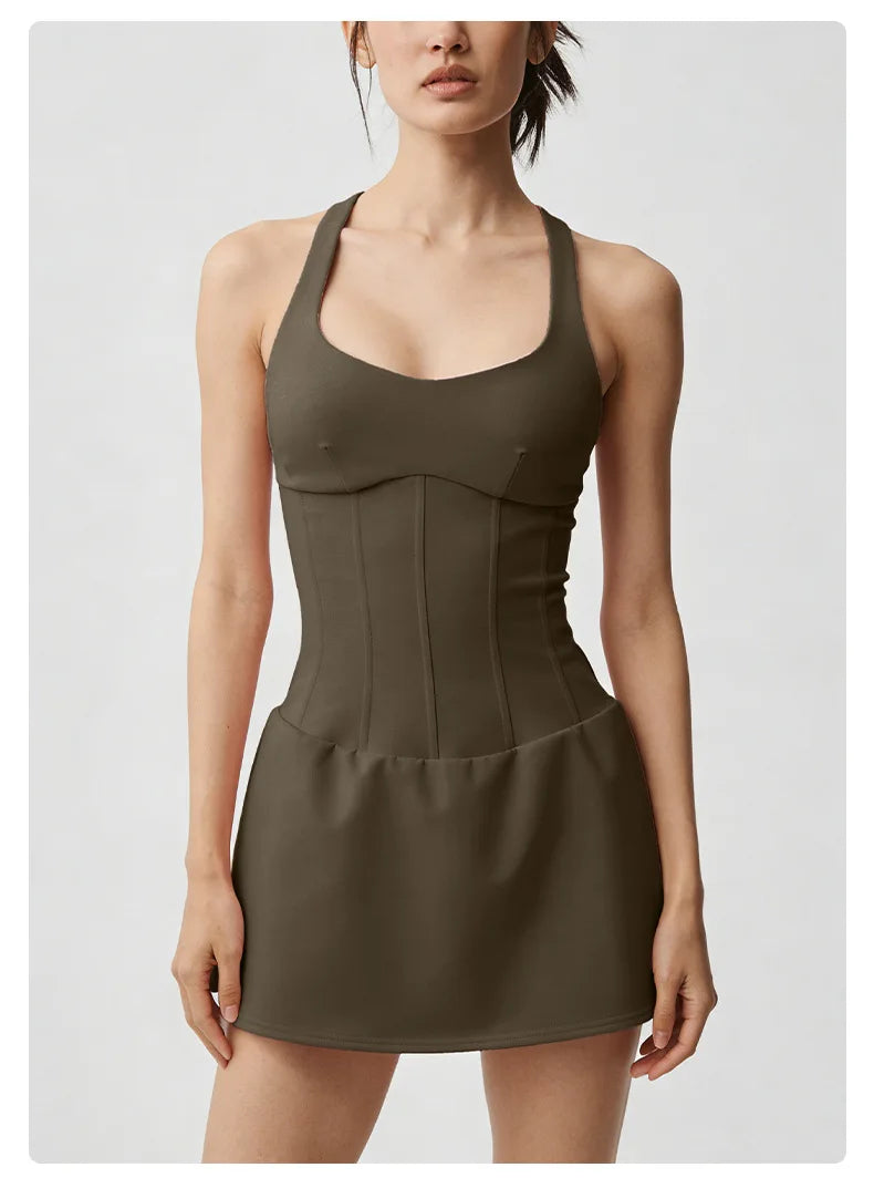 No. 8 Dress, Corset Waist Tennis Dress, Criss Cross Back, Under Shorts, Dry Fit