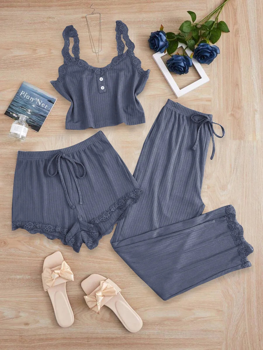 No. 5 Sleepwear Set, 3PC, Scalloped Neckline Tank Top, Ribbed Matching Shorty Short, Matching Scallop Hem Pant, Soft Essential