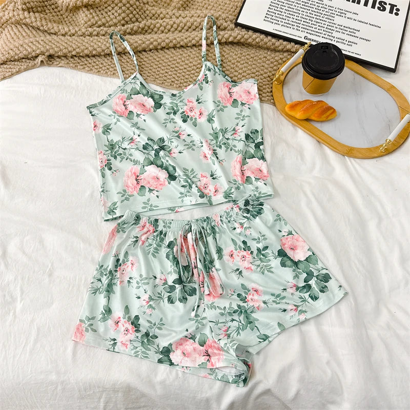 No. 3 Sleepwear Set, 2PC, Coquette Summer Print Sets, 4 Way Stretch Tank Top, Matching Short