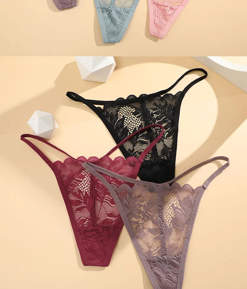 No. 4 Lingerie Panty, 6 PC Thong Set, Low Rise, Bikini Cut, Lace Front, G-String