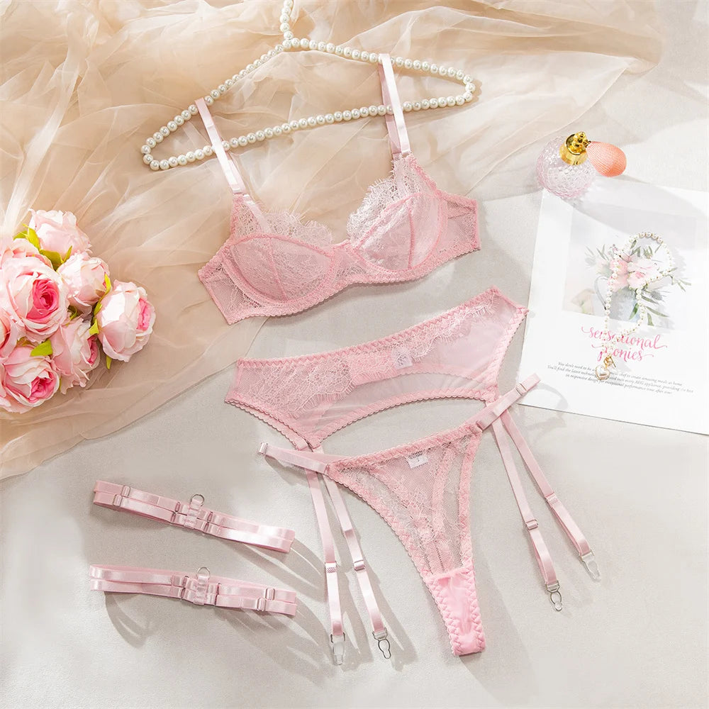 No. 8 Lingerie Set, 4 PC French Lace 3/4 Structured Cup Bra With Garter Belt, Garter, & Thong