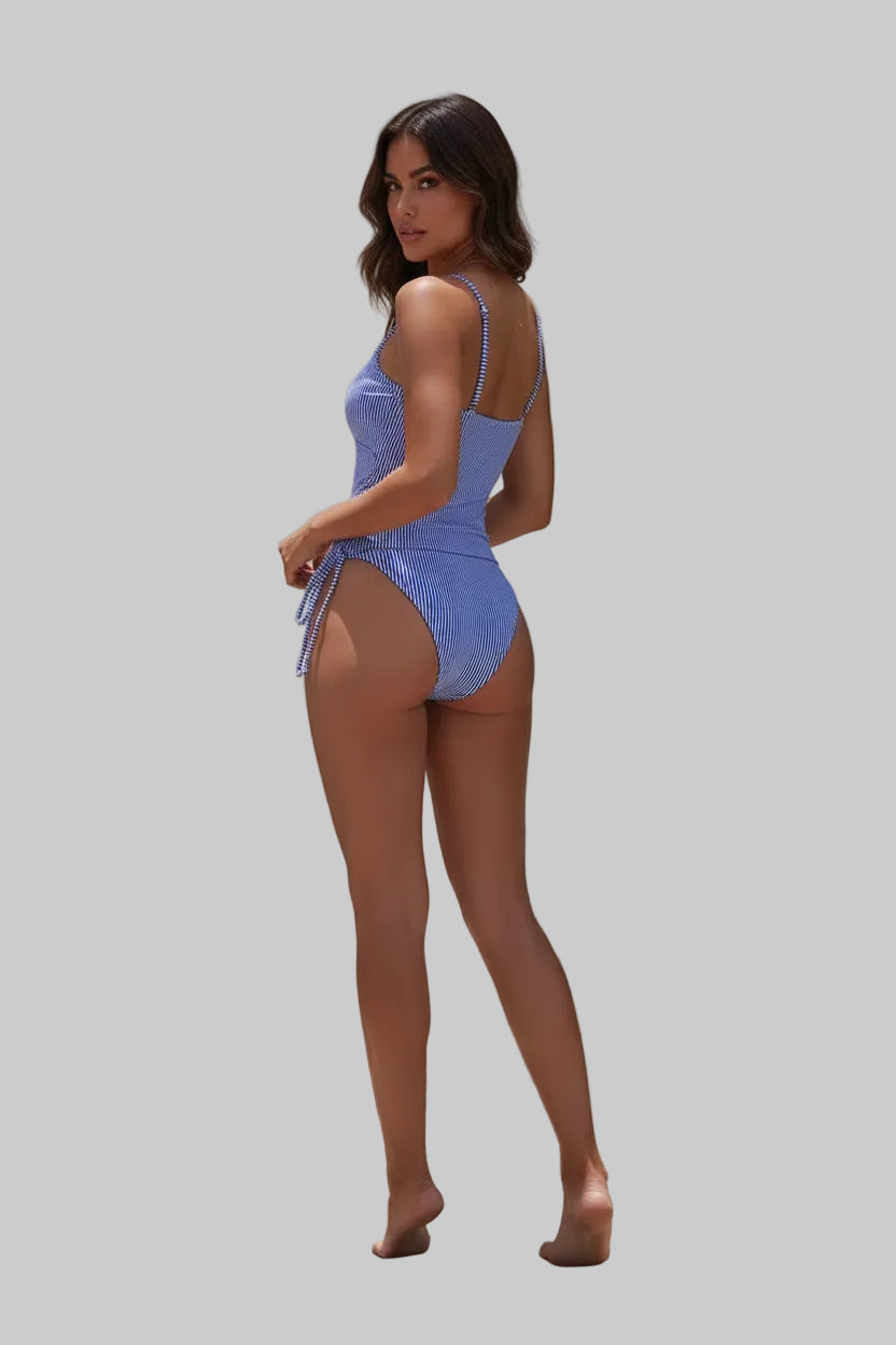 No. 7 Swimsuit, 2 PC Premium Micro-Ribbed Tankini Set, Scoop Neckline, Side Ruching, Tie Detailing, High Cut Panty, Moderate Coverage