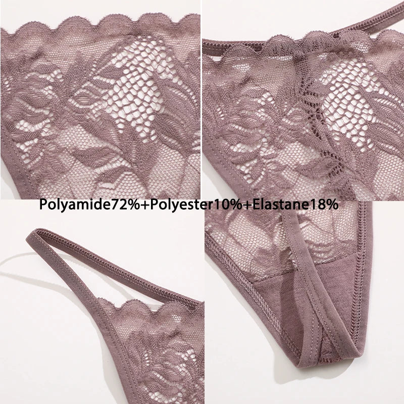 No. 4 Lingerie Panty, 6 PC Thong Set, Low Rise, Bikini Cut, Lace Front, G-String