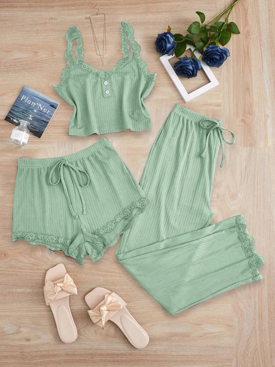 No. 5 Sleepwear Set, 3PC, Scalloped Neckline Tank Top, Ribbed Matching Shorty Short, Matching Scallop Hem Pant, Soft Essential