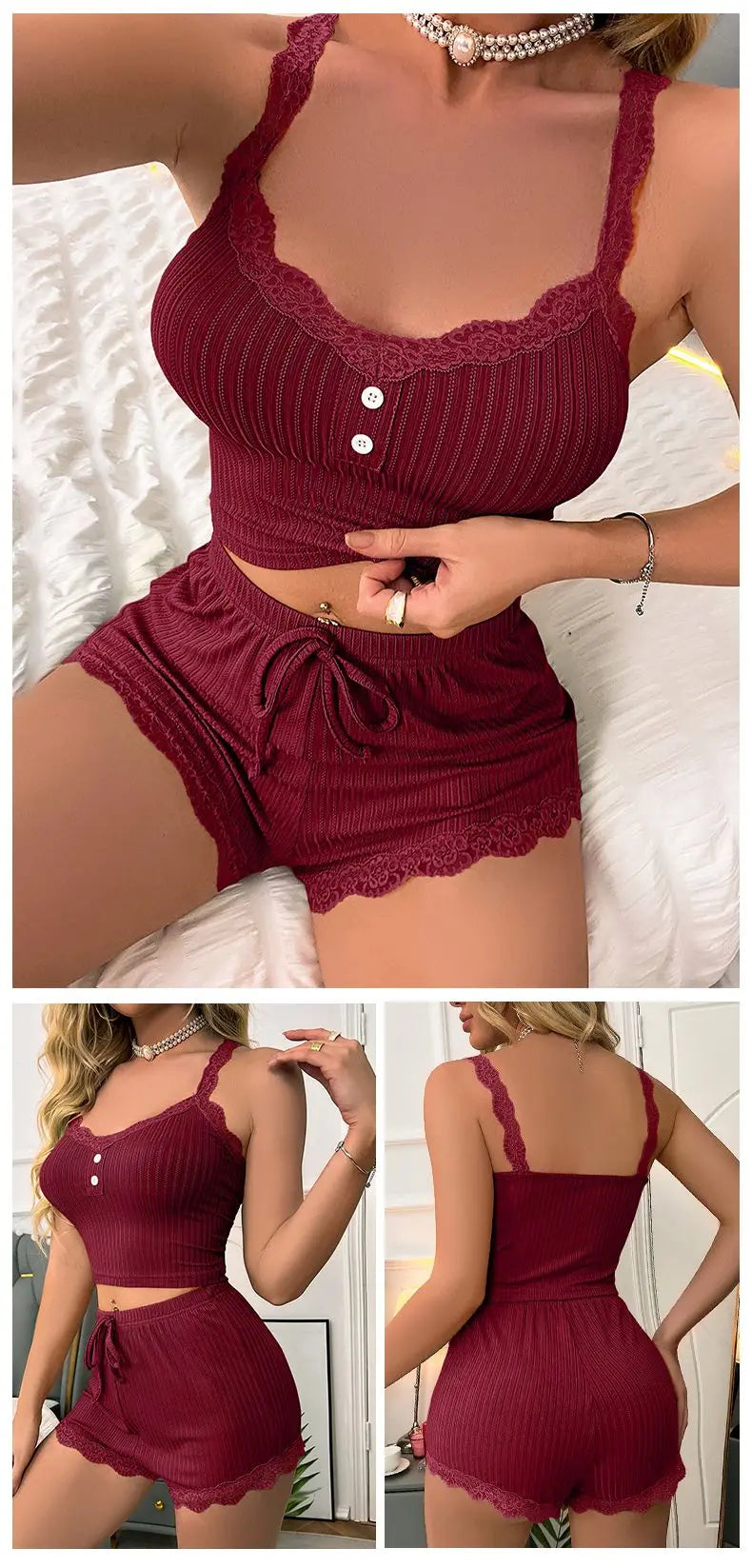 No. 2 Sleepwear Set, 2 PC, Ribbed Tank Top, Lace Straps & Neckline, Matching, Ribbed, Cozy Short