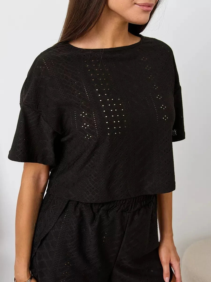 No. 1 Sleepwear Set, 2PC, Peekaboo Shorts, Short Sleeve Top, Eyelet Detailing, Cozy, Summer