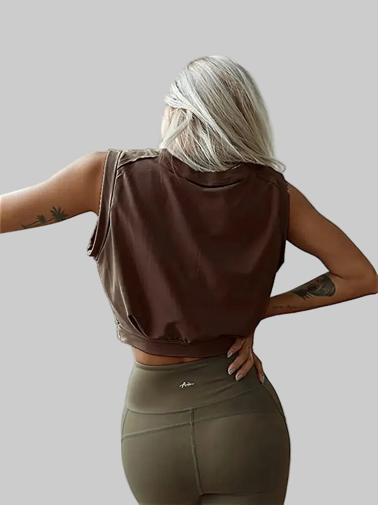 No. 7 Loungewear Top, Crop Top With Cinched Waist, Sleeveless With Distressed Collar, Casual