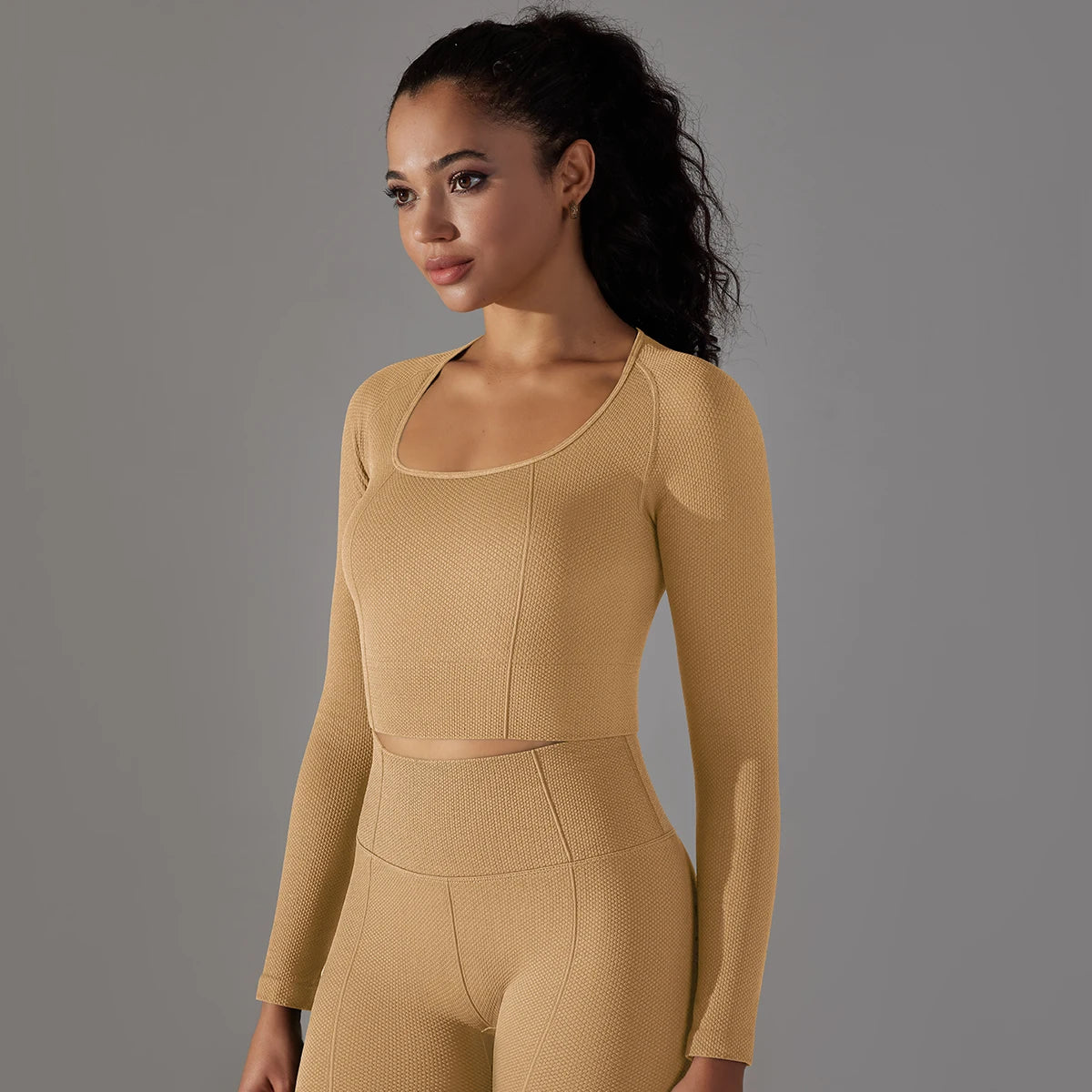 No. 2 Matching Set, Long Sleeve Scoop Neck Compressive Crop Top, With Training Legging