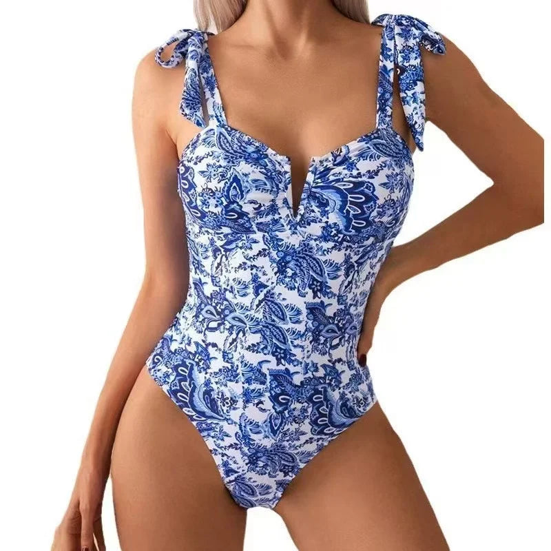No. 1 Swimsuit, French Riviera One Piece, Adjustable Tie Straps, Sweetheart Neckline, Full Coverage