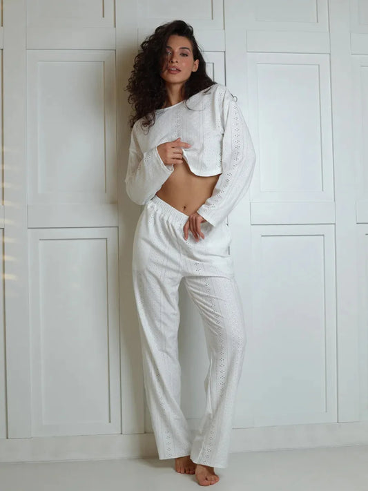 No. 7 Sleepwear Set, 2 PC, Semi Sheer, Long Sleeve, Pant, Eyelet Detailing, Cozy, Summer