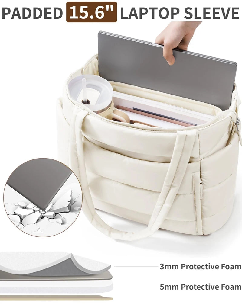 No. 4 Tote, Cloud Carry Quilted Tote, Soft Puffer-Style, Luggage Sleeve, Matching Pouch Included