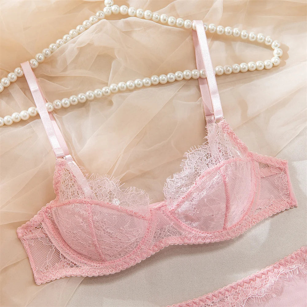No. 8 Lingerie Set, 4 PC French Lace 3/4 Structured Cup Bra With Garter Belt, Garter, & Thong