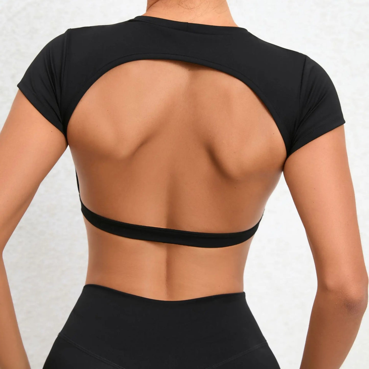 No. 5 Sports Bra, Backless Crop Top, Cupped Sleeves, Open Back, Faux Shirt