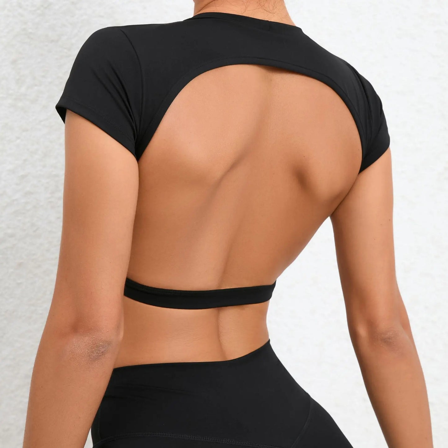 No. 5 Sports Bra, Backless Crop Top, Cupped Sleeves, Open Back, Faux Shirt